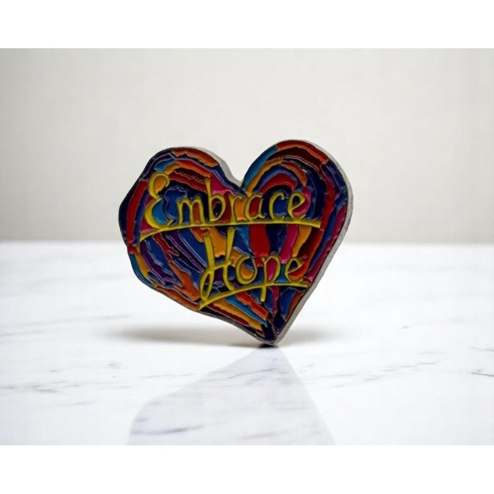 Heart Shaped Embrace Hope Brooch Pin Penzeys Spices Colorful Vibrant Silver Tone